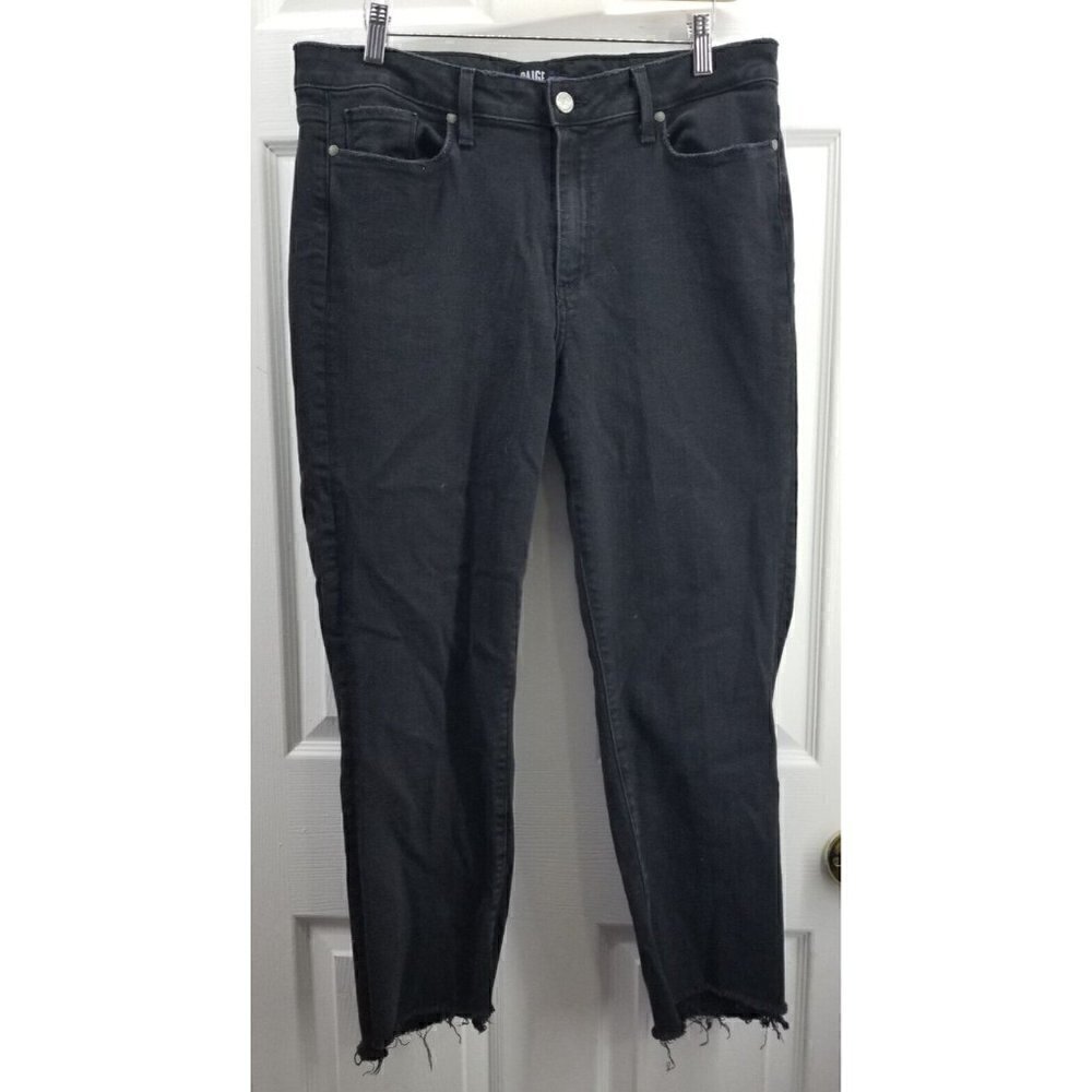 PAIGE JACQUELINE STRAIGHT BLACK JEANS SIZE 32 RAW FRAYED HEM STRETCH